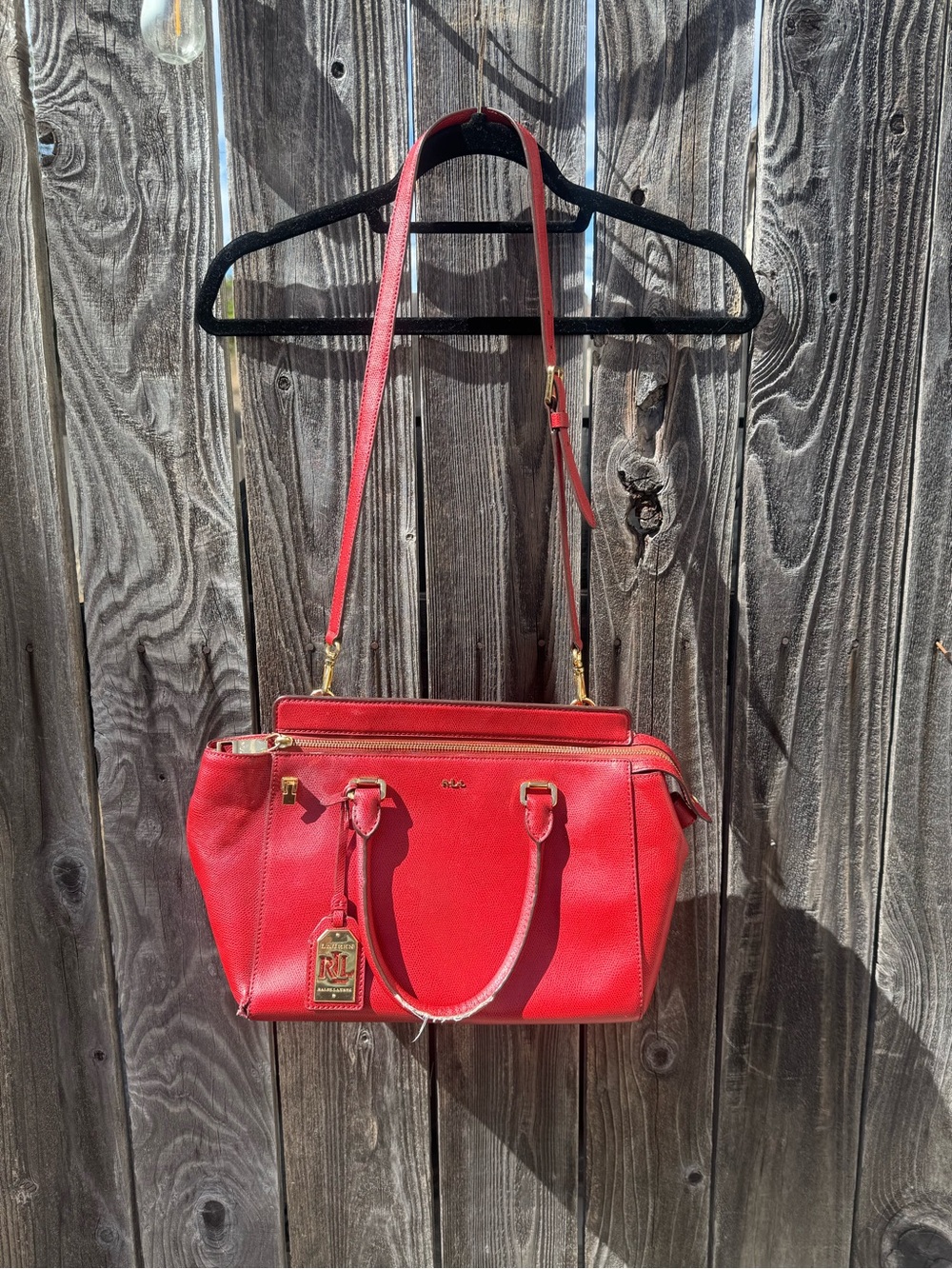 Ralph Lauren Red Leather Satchel Purse with Shoulder Strap